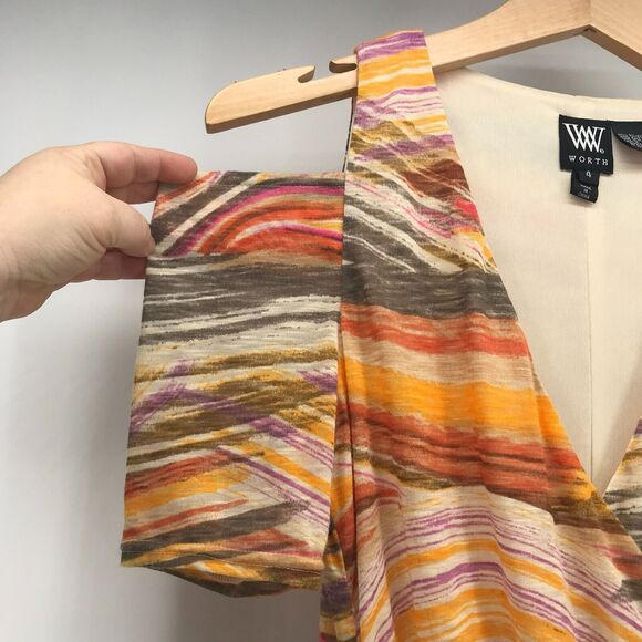 Worth Dress Womens 4 Yellow Orange Purple Faux Wrap V Neck Cold Shoulder Bodycon - Picture 2 of 7